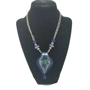 Beaded 2 Strand Necklace Glass Pendant Metallic
